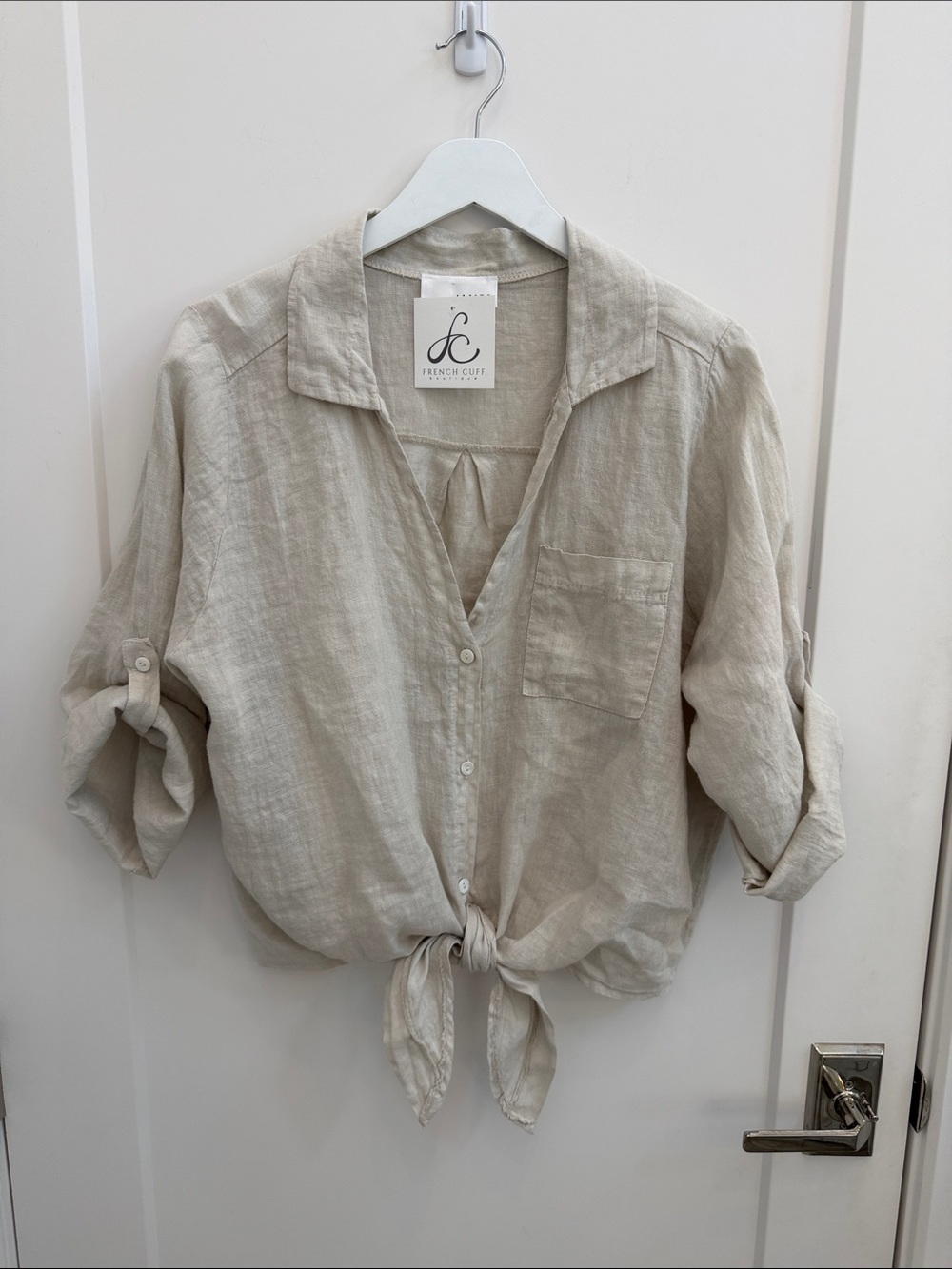 French Cuff Tie-Front Linen Button Down Shirt - Cream